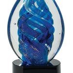 6 1/2 inch Blue Oval Swirl Art Glass on Black Base