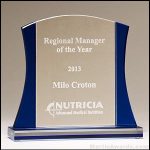 Premium Series glass award; Clear glass upright with blue accents
