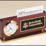 Desktop Clock Award – Combination Clock/Business Card Holders In Rosewood Finish with Gold Accents 1