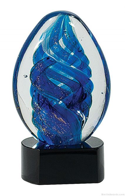 6 1/2 inch Blue Oval Swirl Art Glass on Black Base