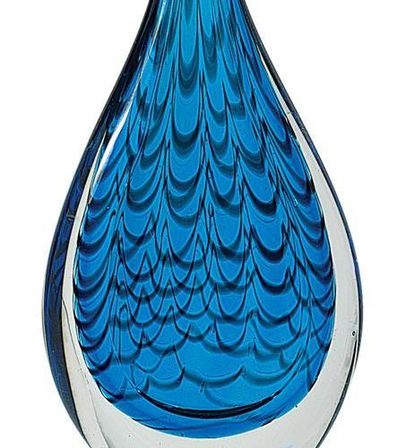 12 1/2 inch Blue Rain Drop Art Glass on Black Base