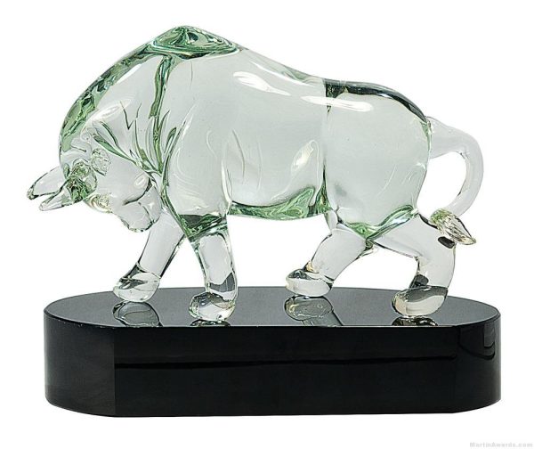 8 1/4 inch Clear Art Glass Bull on Black Base