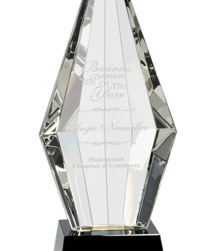 11 inch Obelisk Facet Crystal on Black Pedestal Base