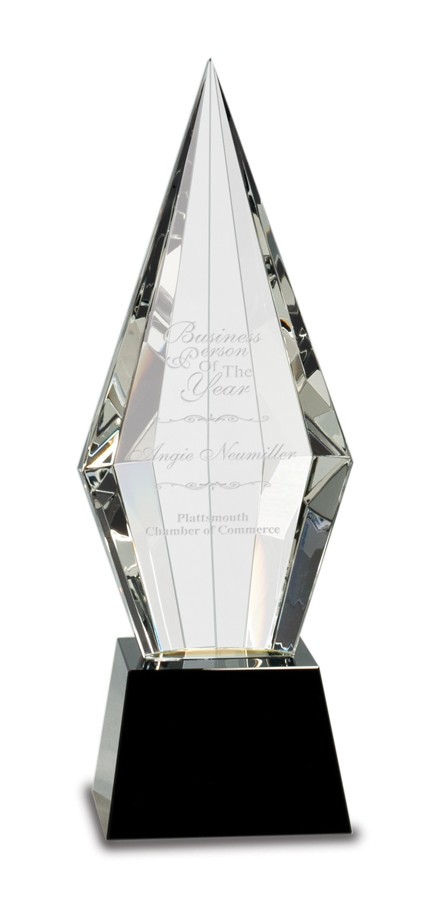 11 inch Obelisk Facet Crystal on Black Pedestal Base