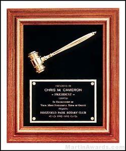 Plaque – Walnut Frame Gavel Plaques with Gold Tone Gavel and Velour Background 1